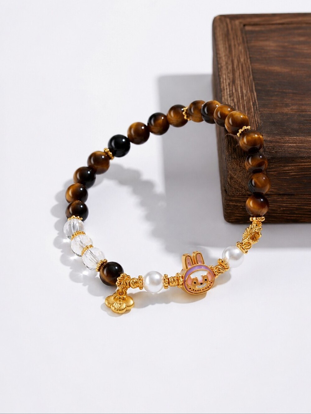 Labubu Tiger Eye Pearl Beaded Bracelet Kawaii Gold Charm Stretch Bracelet